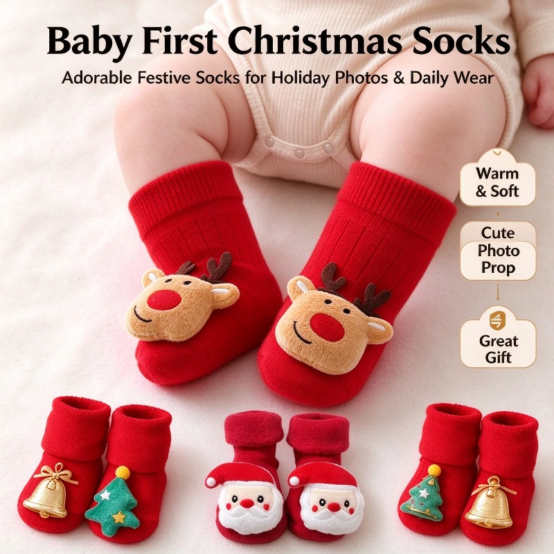 Unisex Baby Socks Non Slip - ถุงเท้าเด็กสำหรับเด็กผู้หญิงและเด็กผู้ชาย ถุงเท้าคริสต์มาสผ้าฝ้ายน่ารักสำหรับทารกแรกเกิด ถุงเท้ากันลื่นสำหรับเด็กวัยหัดเดินและทารก ถุงเท้าฤดูหนาว เสื้อผ้าเด็ก