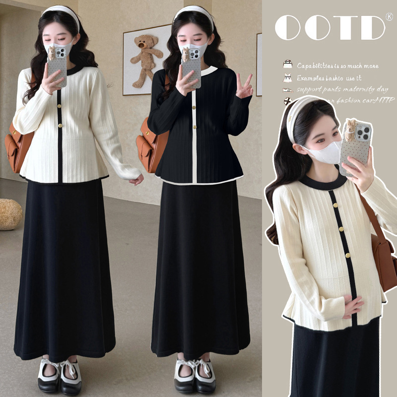 Maternity Wear - ชุดคลุมท้อง 2026 ฤดูใบไม้ผลิฤดูใบไม้ร่วงสไตล์ฝรั่งเศสหรูหราสบายตัดเย็บด้วยผ้าถักและกระโปรงยาวสำหรับหญิงตั้งครรภ์