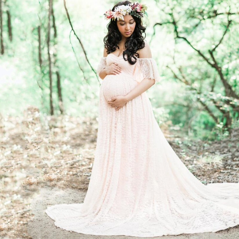 Maternity Wear - ชุดแต่งงานลูกไม้อุปกรณ์ถ่ายภาพการตั้งครรภ์ยาวเสื้อผ้าสำหรับคนท้องภาพถ่ายแฟนซีเปิดไหล่ฤดูร้อนใหม่