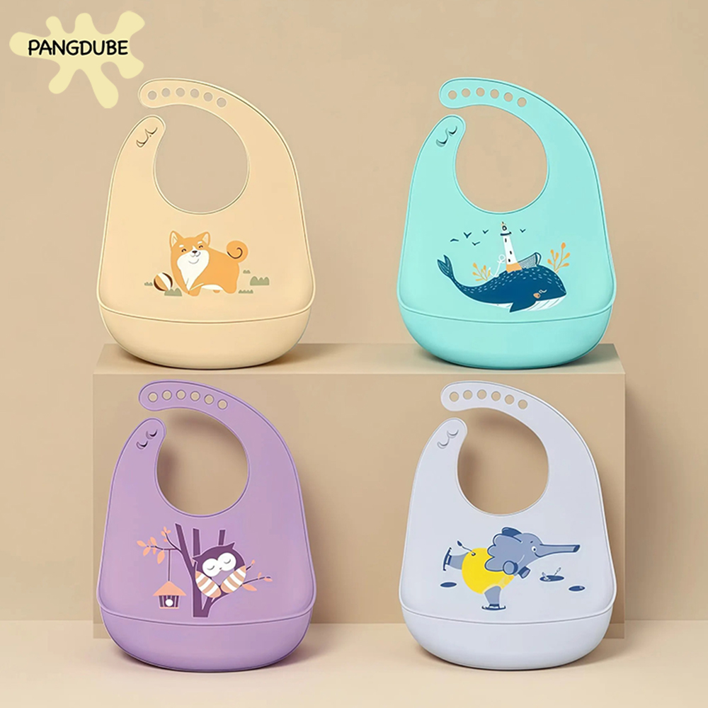 Waterproof Baby Bibs Silicone - PANGDUBE ผ้ากันเปื้อนเด็กซิลิโคนกันน้ำ ปรับได้ ผ้ากันเปื้อนสำหรับป้อนอาหาร น่ารัก พิมพ์ลาย