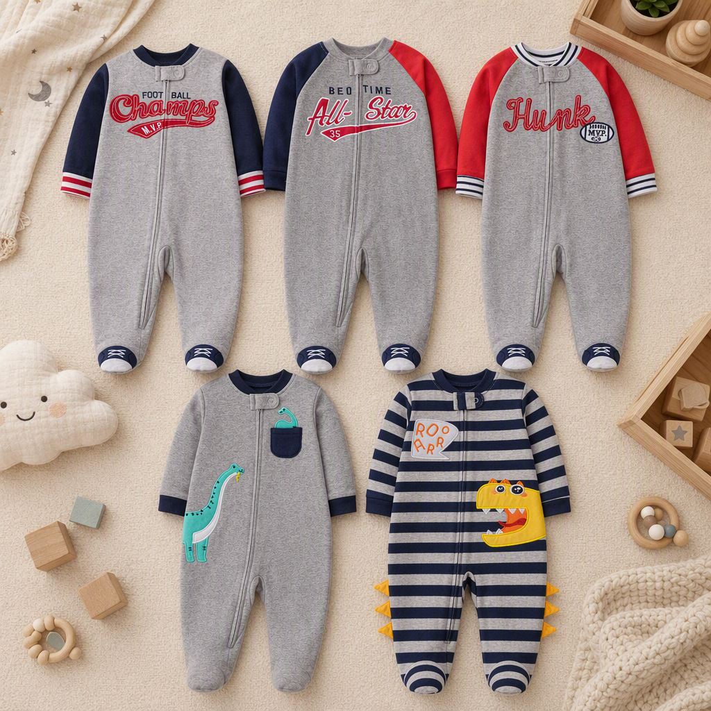 Cotton Baby Onesies Zipper - ชุดรอมเปอร์เด็กผู้ชายผ้าฝ้ายสองด้านลายทางปักลายการ์ตูนตัวอักษรพร้อมซิป สำหรับทุกฤดู 3-12 เดือน เสื้อผ้าเด็กอ่อน